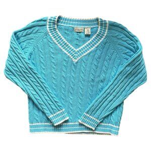 VTG Cable Knit V Neck Tennis Sweater Sz Large Petite Cricket Preppy Cotton